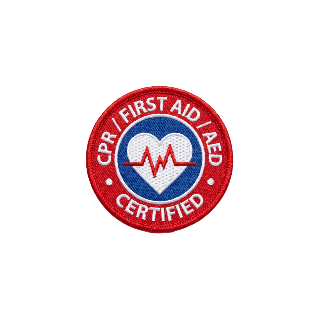 CPR, First Aid, and AED Certified badge — emergency response certification
